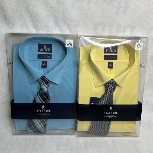 Stafford Dress Shirt Tie Bundle Of 2, XL 17-17.5 34-35 Regular Fit Yellow Blue - Picture 1 of 5